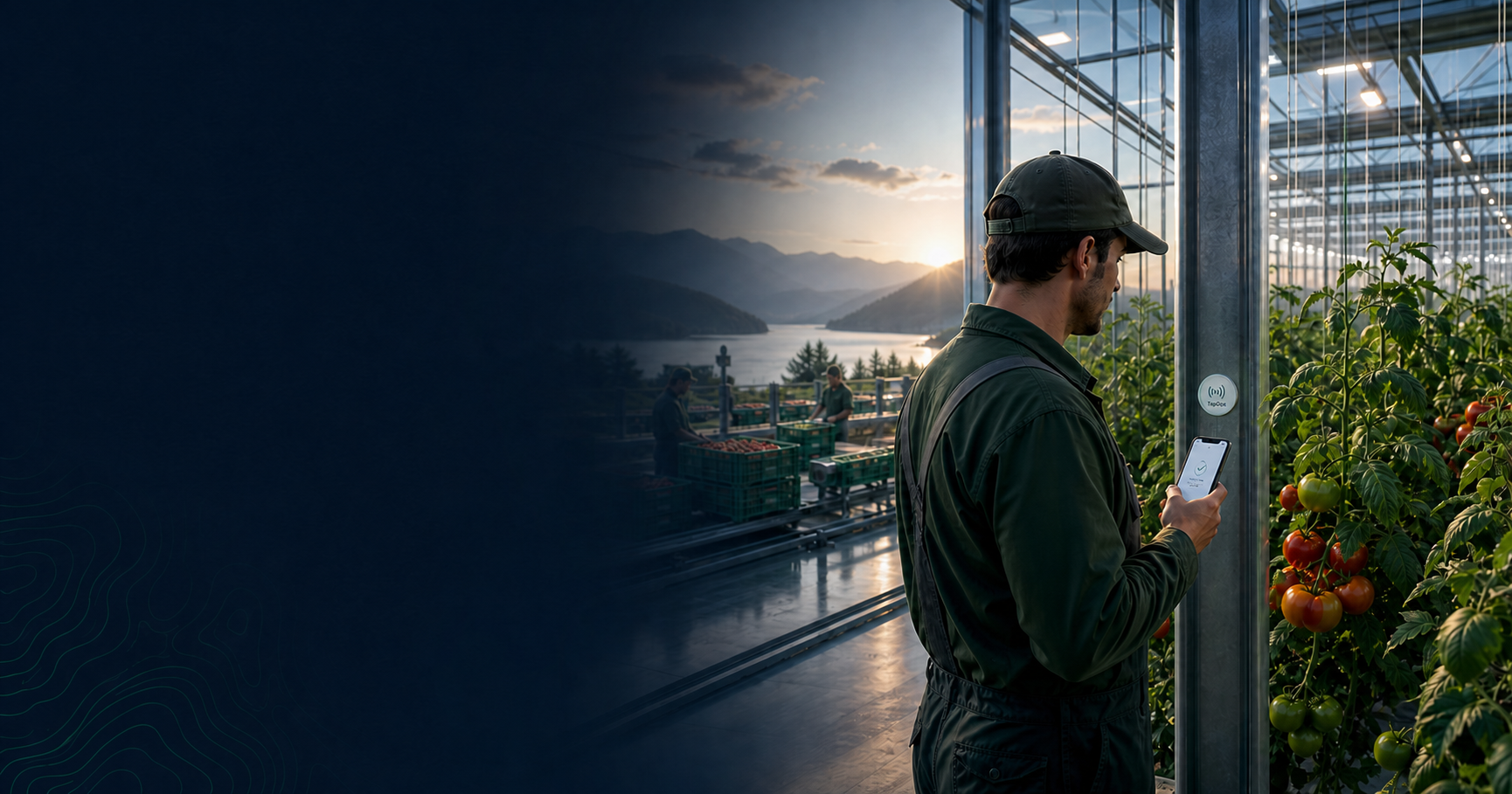 A greenhouse worker tapping a phone against a thin passive TapOps NFC tag